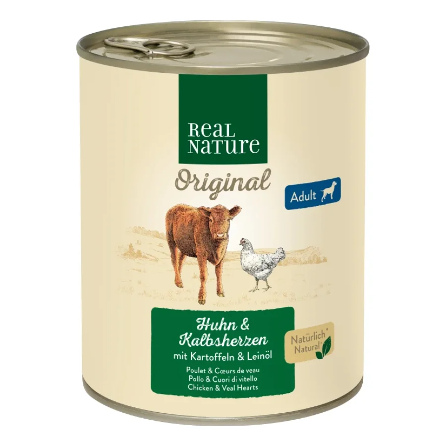 REAL NATURE nourriture humide chien adulte Cœurs de Veau & Poulet 12x800 g