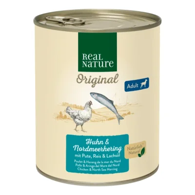 REAL NATURE nourriture humide chien adulte Poulet et hareng de la mer du Nord 24x800 g