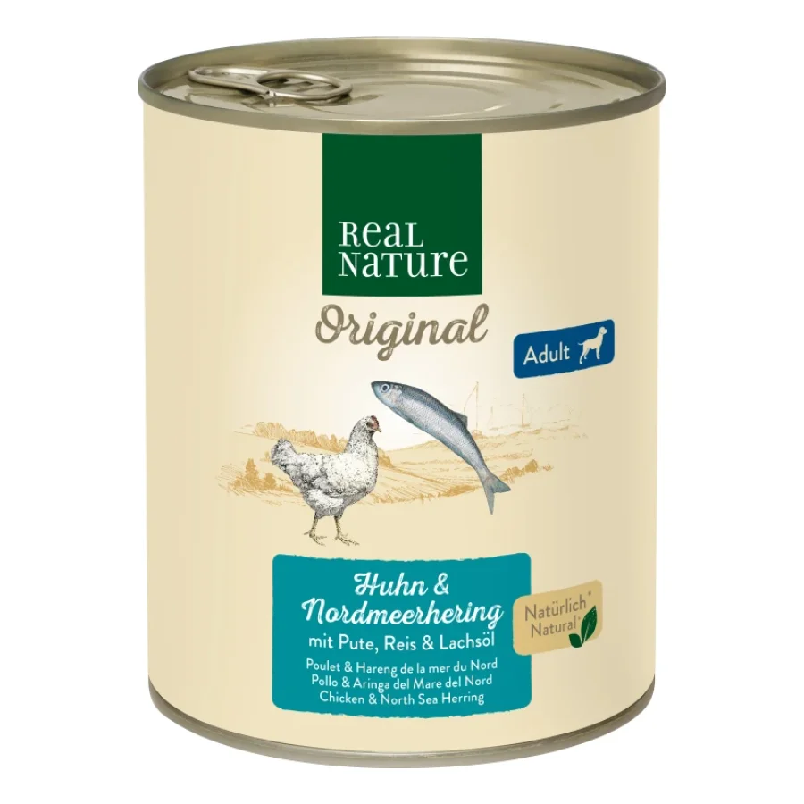 REAL NATURE nourriture humide chien adulte Poulet et hareng de la mer du Nord 24x800 g