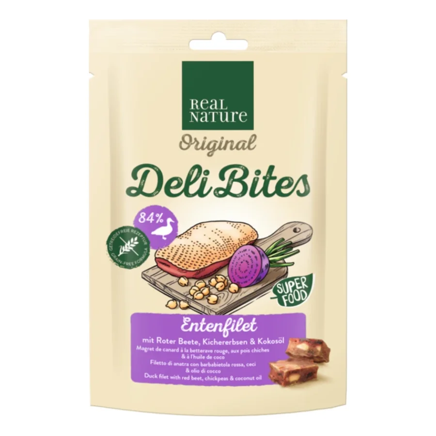 REAL NATURE Original Deli Bites 150 g Filet de canard avec betterave rouge, pois chiches et huile de coco