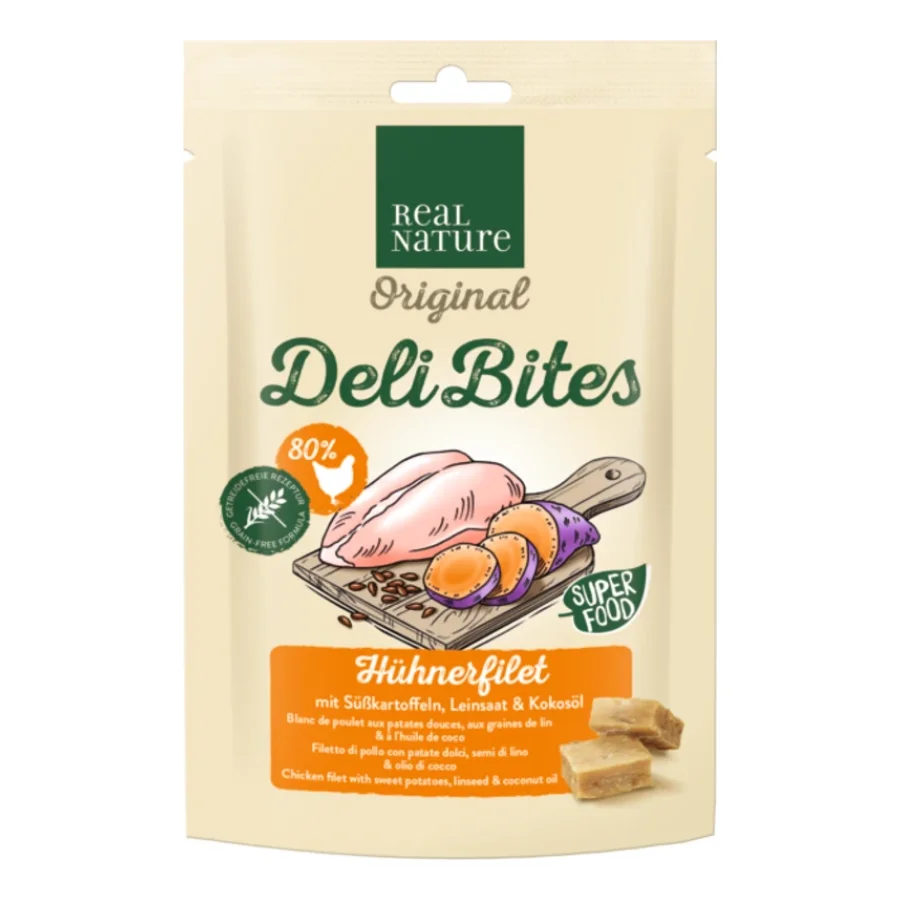 REAL NATURE Original Deli Bites 150 g Filet de poulet aux patates douces, aux graines de lin et à l’huile de coco
