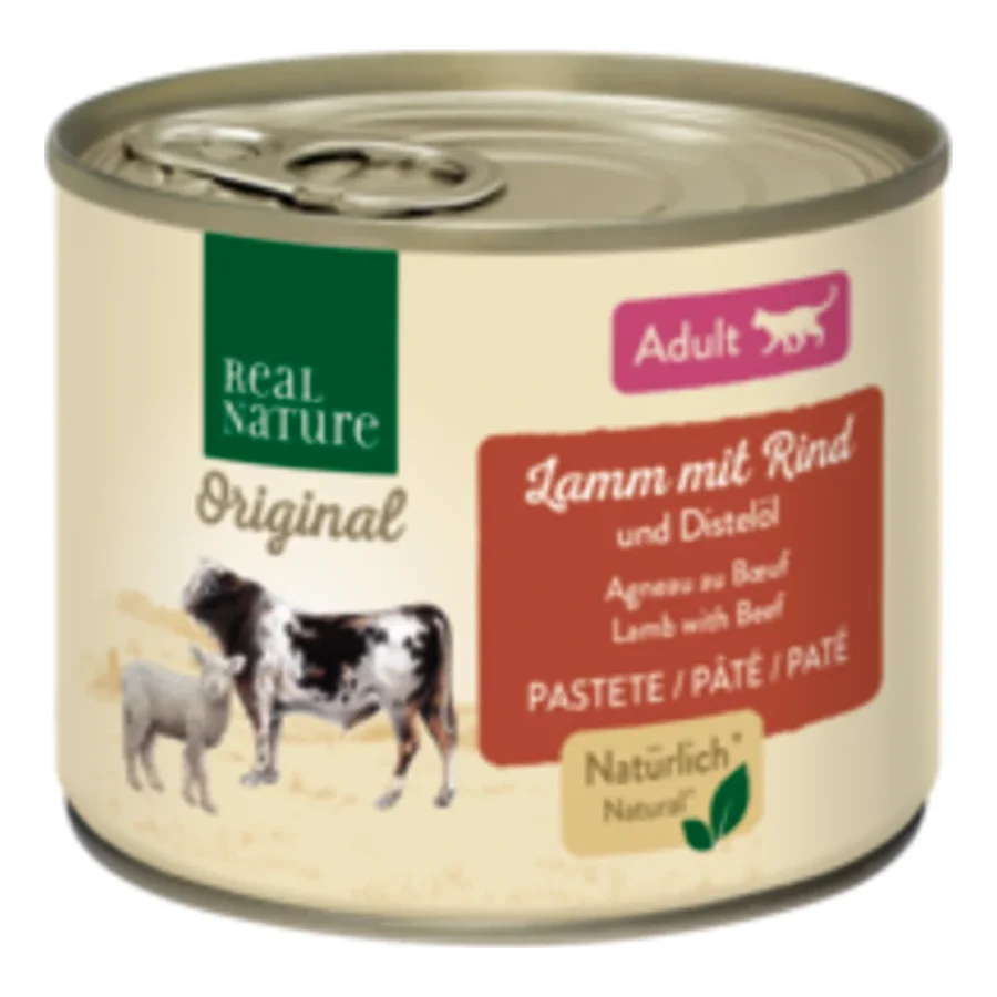 REAL NATURE Original nourriture humide pour chat, Adulte agneau au bœuf et à l’huile de chardon 6x200 g