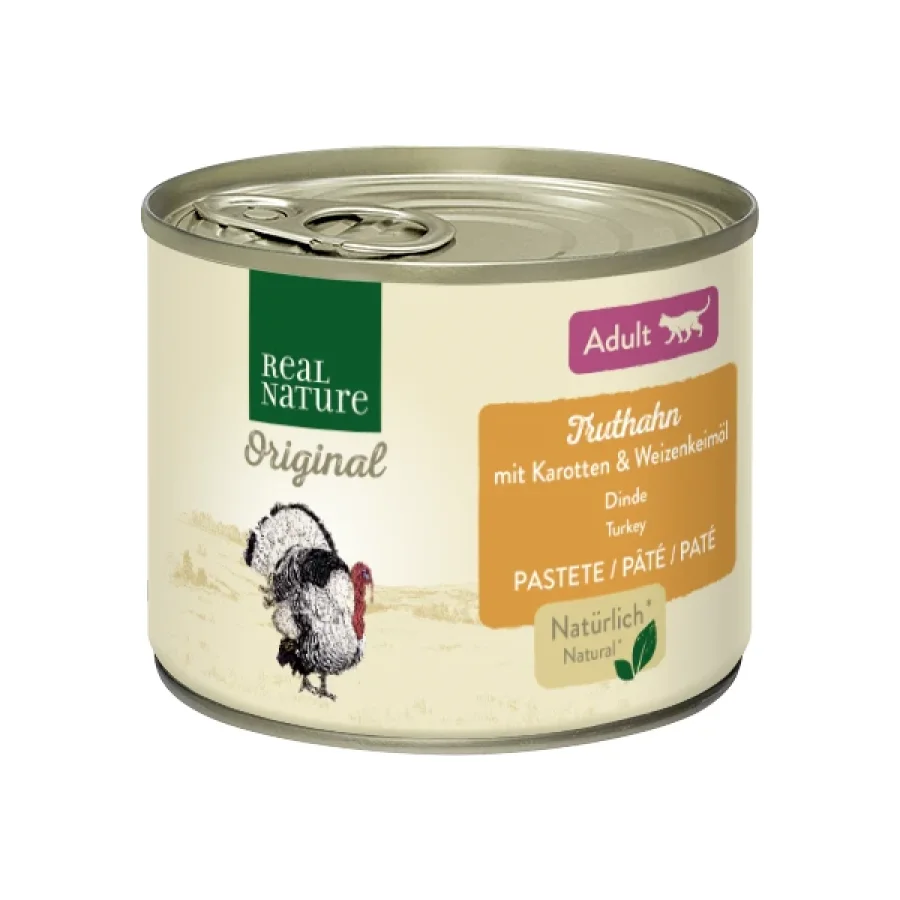 REAL NATURE Original nourriture humide pour chat, Adulte Dinde, carottes et huile de germe de blé 6x200 g