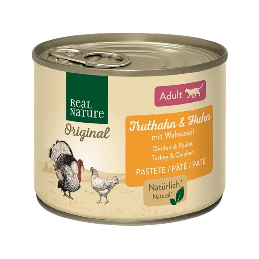 REAL NATURE Original nourriture humide pour chat, Adulte dinde et poulet à l’huile de noix 12x200 g