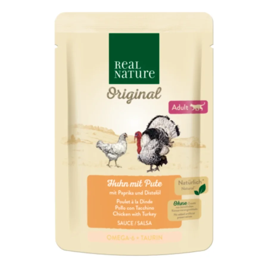 REAL NATURE Original nourriture humide pour chat, Adulte Huhn mit Pute mit Paprika und Distelöl 12x85 g