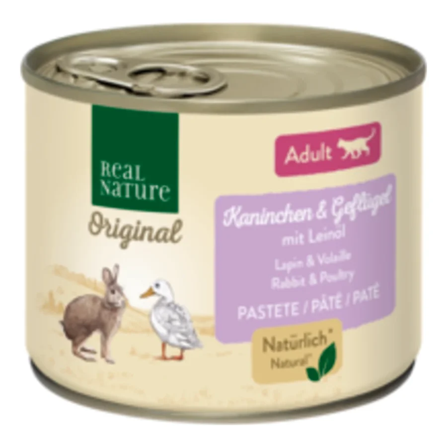 REAL NATURE Original nourriture humide pour chat, Adulte lapin et volaille à l’huile de lin 24x200 g