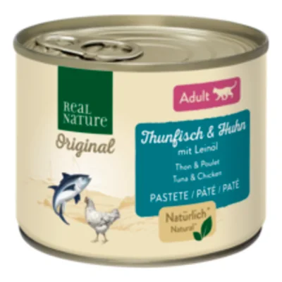 REAL NATURE Original nourriture humide pour chat, Adulte thon et poulet à l’huile de lin 24x200 g