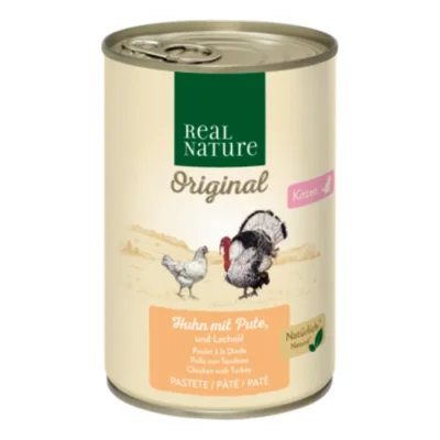 REAL NATURE Original nourriture humide pour chat, chaton poulet à la dinde et à l’huile de saumon 12x400 g