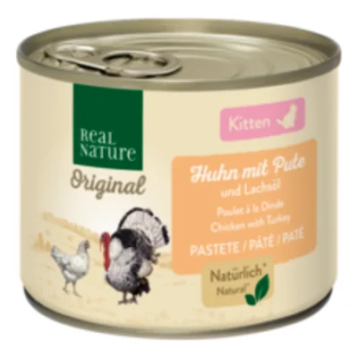 REAL NATURE Original nourriture humide pour chat, chaton poulet à la dinde et à l’huile de saumon 24x200 g