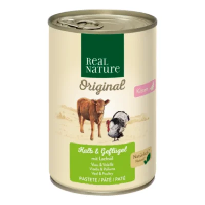 REAL NATURE Original nourriture humide pour chat, chaton veau et volaille à l’huile de saumon 24x400 g