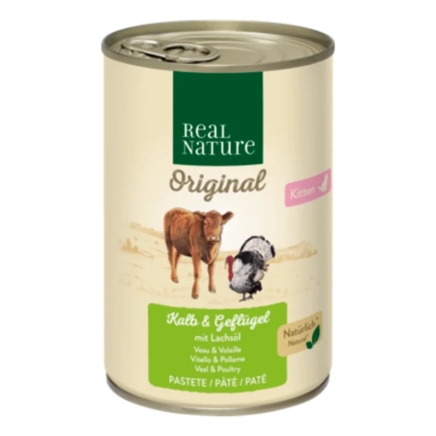 REAL NATURE Original nourriture humide pour chat, chaton veau et volaille à l’huile de saumon 24x400 g