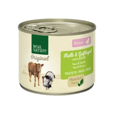REAL NATURE Original nourriture humide pour chat, chaton veau et volaille à l’huile de saumon 6x200 g