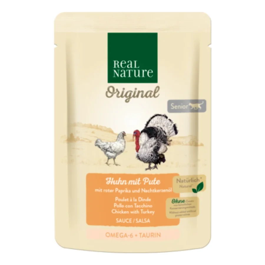 REAL NATURE Original nourriture humide pour chat, Senior 12x85 g Poulet, dinde, poivron rouge, huile d’onagre, En sauce
