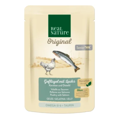 REAL NATURE Original nourriture humide pour chat, Senior 12x85 g Volaille au saumon, carotte et huile de carthame, en gelée