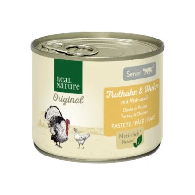 REAL NATURE Original nourriture humide pour chat, Senior, Dinde & Poulet avec huile de noix 6x200 g