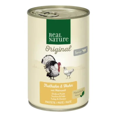 REAL NATURE Original nourriture humide pour chat, Senior, Dinde & Poulet avec huile de noix 6x400 g