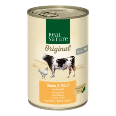REAL NATURE Original nourriture humide pour chat, Senior, Poulet & Bœuf avec huile de chanvre 12x400 g