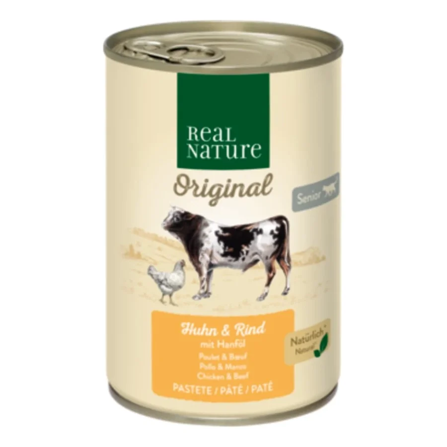 REAL NATURE Original nourriture humide pour chat, Senior, Poulet & Bœuf avec huile de chanvre 12x400 g