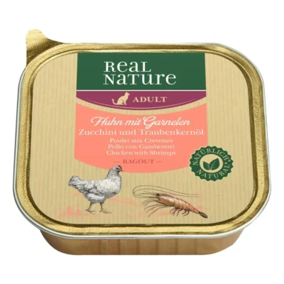 REAL NATURE Original nourriture humide pour chats adultes, Crevettes, poulet, courgette et huile de raisin 16x100 g