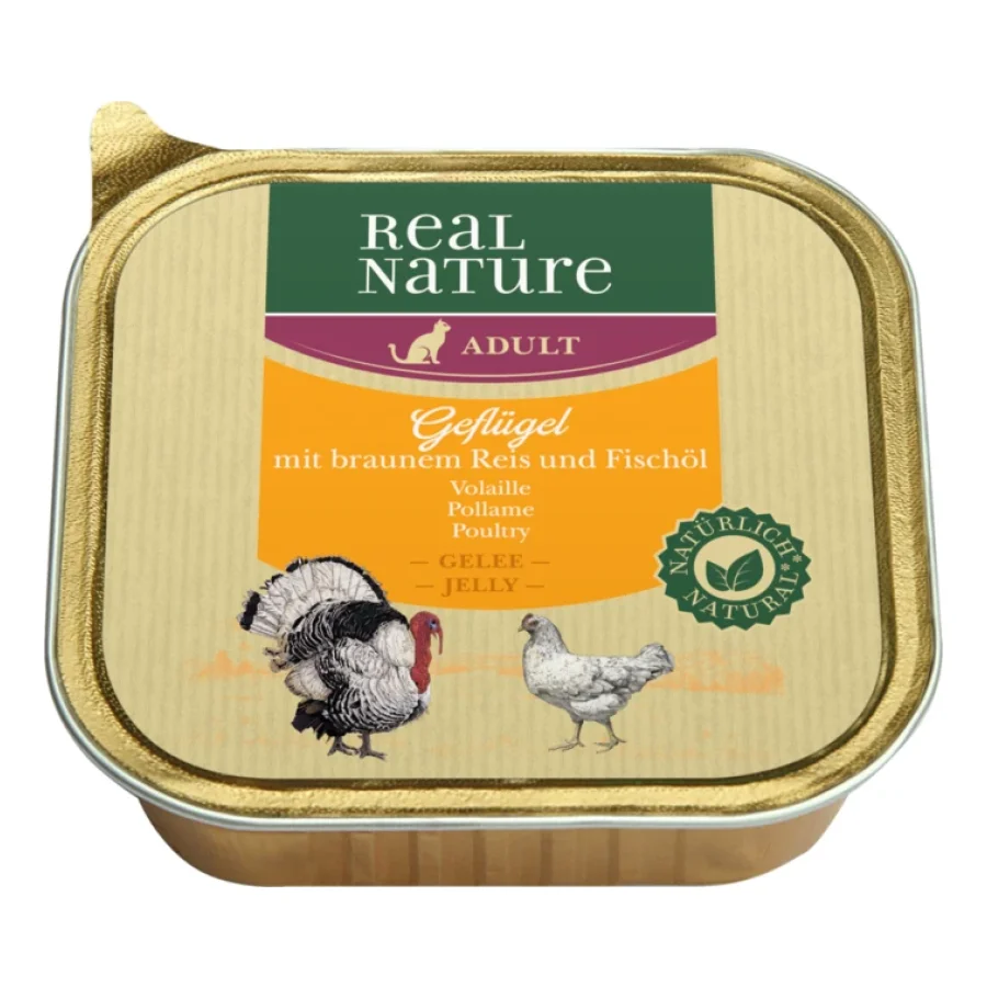 REAL NATURE Original nourriture humide pour chats adultes, Volaille, riz complet et huile poisson 16x100 g