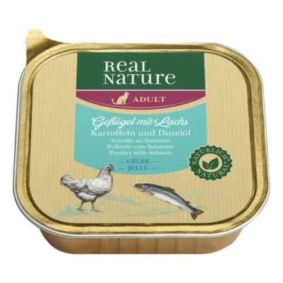 REAL NATURE Original nourriture humide pour chats adultes, Volaille saumon, pomme terre, huile de chardon 16x100 g