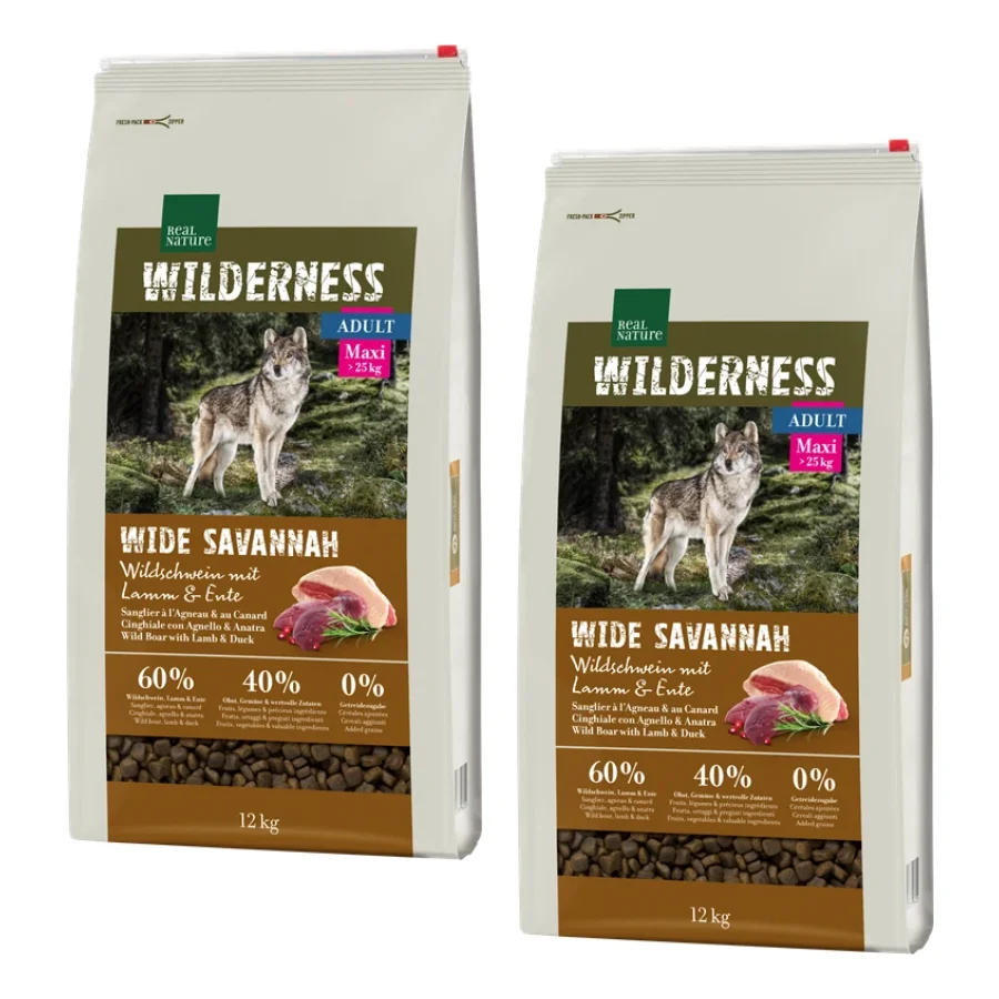 REAL NATURE WILDERNESS Maxi Adult Wide Savannah avec sanglier, agneau et canard 2x12 kg
