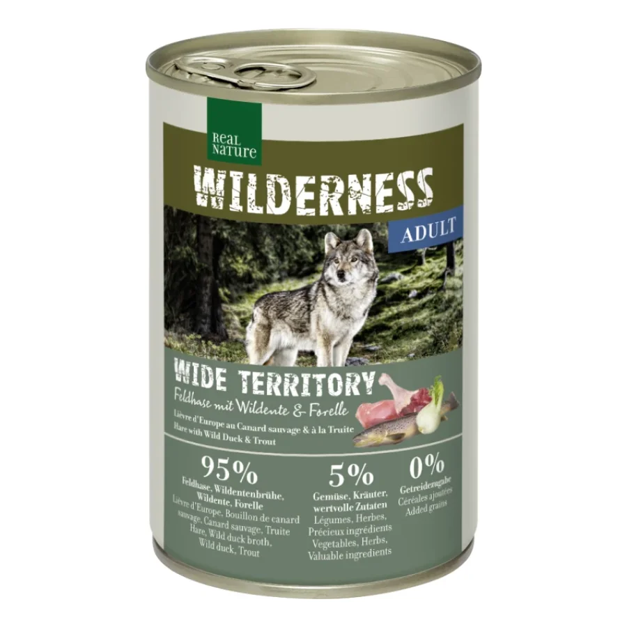 REAL NATURE WILDERNESS Nourriture humide Chien Adulte Wide Territory lièvre, canard sauvage et truite 12x400 g