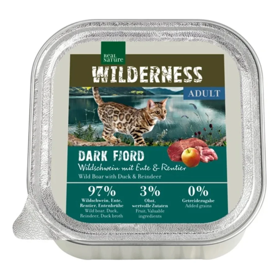 REAL NATURE WILDERNESS nourriture humide pour chat, Adulte 16x100 g Dark Fjord sanglier au canard et au renne 16x100 g