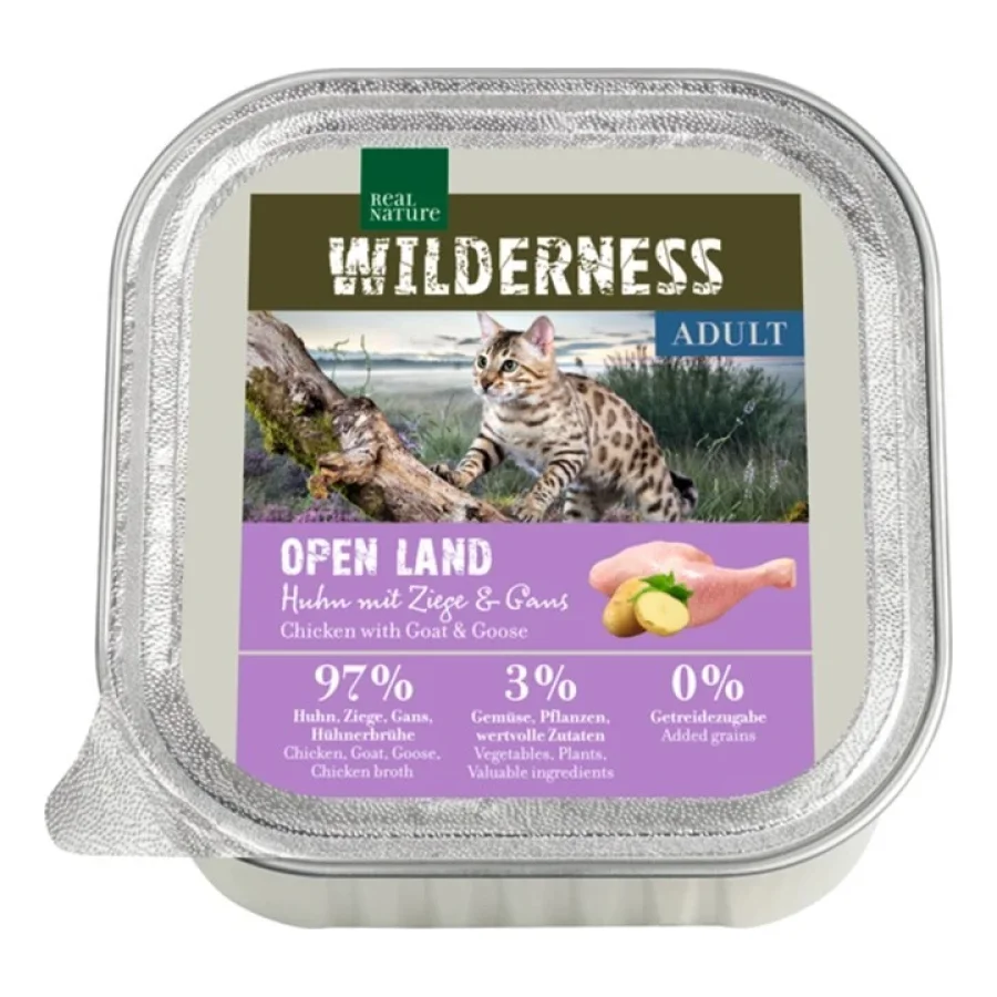 REAL NATURE WILDERNESS nourriture humide pour chat, Adulte 16x100 g Poulet élevé en plein air à la chèvre et à l’oie 16x100 g