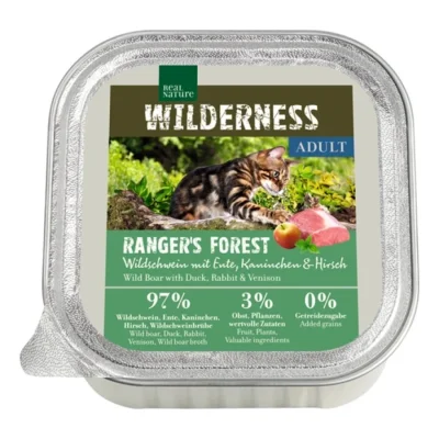 REAL NATURE WILDERNESS nourriture humide pour chat, Adulte 16x100 g Ranger Forest sanglier au canard, lapin et cerf 16x100 g