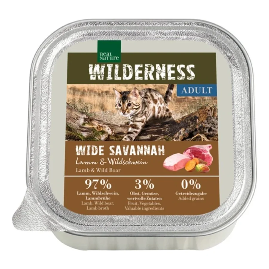 REAL NATURE WILDERNESS nourriture humide pour chat, Adulte 16x100 g Wide Savannah agneau & sanglier 16x100 g