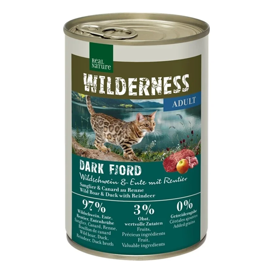 REAL NATURE WILDERNESS nourriture humide pour chat, adulte Dark Fjord sanglier au canard et au renne 6x400 g