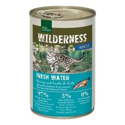 REAL NATURE WILDERNESS nourriture humide pour chat, adulte Fresh Water Hering au saumon et au canard 12x400 g