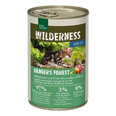 REAL NATURE WILDERNESS nourriture humide pour chat, adulte Ranger Forest sanglier au canard, lapin et cerf 12x400 g