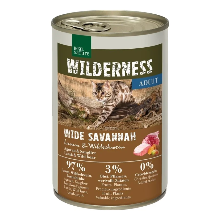 REAL NATURE WILDERNESS nourriture humide pour chat, adulte Wide Savannah agneau & sanglier 12x400 g
