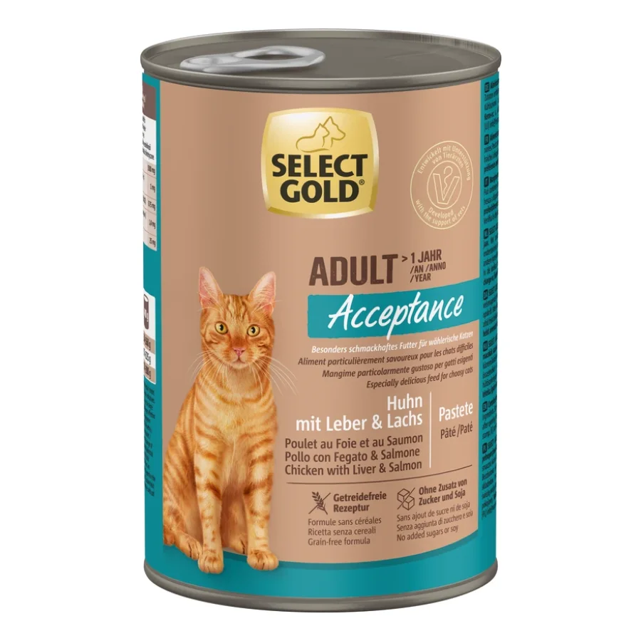 SELECT GOLD Acceptance Boîtes de Pâtée Chat Adulte Poulet, Foie et Saumon 12x400 g