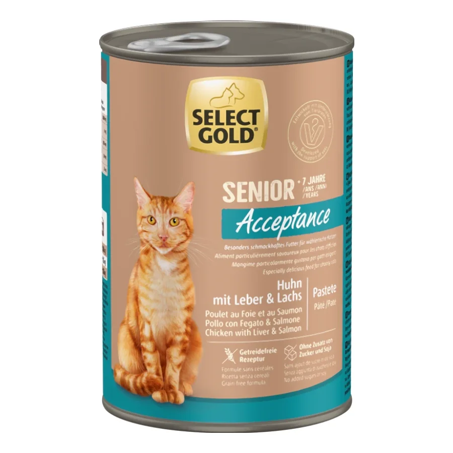 SELECT GOLD Acceptance Boîtes de Pâtée Chat Senior Poulet, Foie et Saumon 24x400 g
