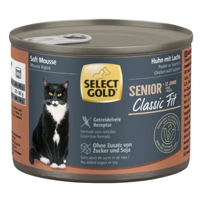 SELECT GOLD Classic Fit Boîtes de Mousse Tendre Chat Senior +12 Poulet avec saumon 6x200 g