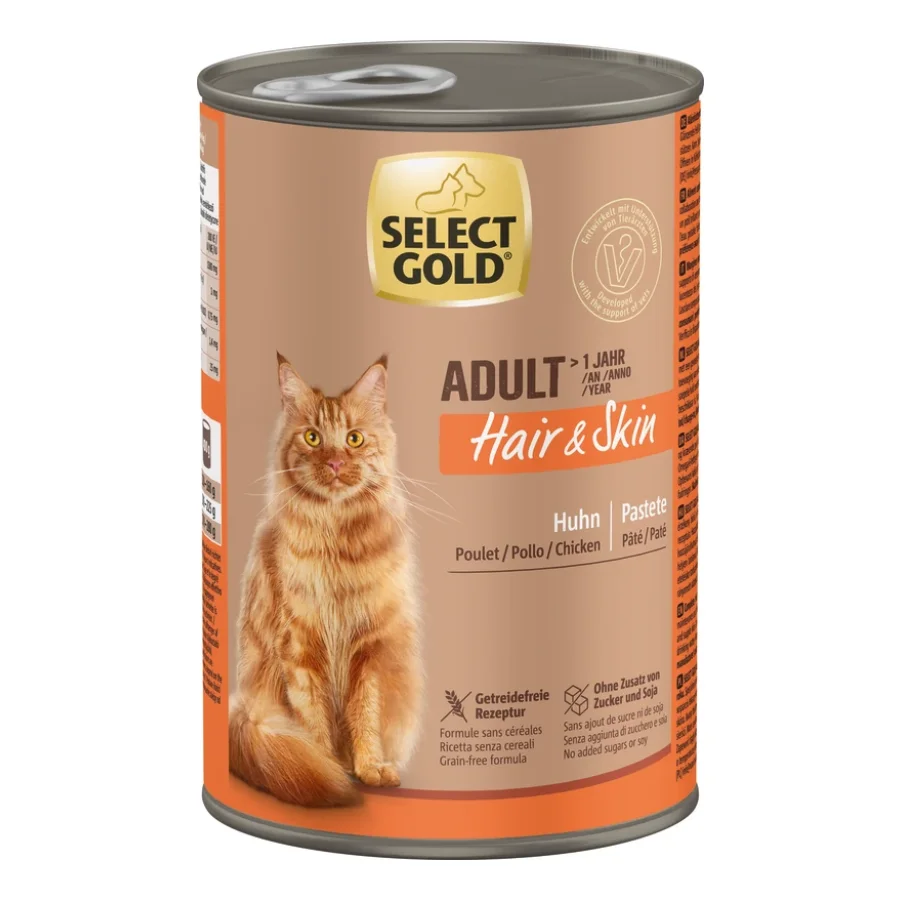 SELECT GOLD Hair & Skin Boîtes de Pâtée Chat Adulte Poulet 24x400 g
