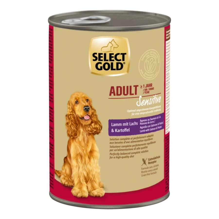 SELECT GOLD nourriture humide pour chien Sensitive Adult Agneau au Saumon & aux Pommes de terre 6x400 g