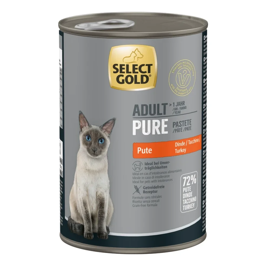 SELECT GOLD Pure Boîtes de Pâtée Chat Adute Dinde 6x400 g