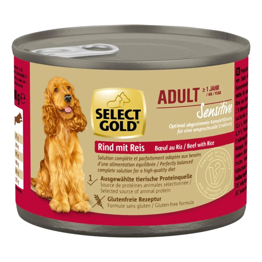 SELECT GOLD Sensitive Boîtes de Nourriture Humide Chien Adulte Bœuf au Riz 6x200 g