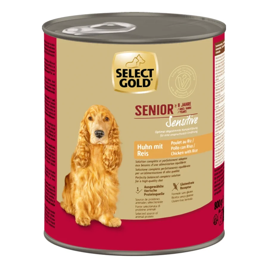 SELECT GOLD Sensitive Boîtes de Nourriture Humide Chien Senior Poulet et riz 6x800 g