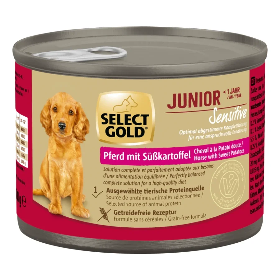 SELECT GOLD Sensitive Boîtes de Nourriture Humide Chiot Cheval à la Patate douce 6x200 g