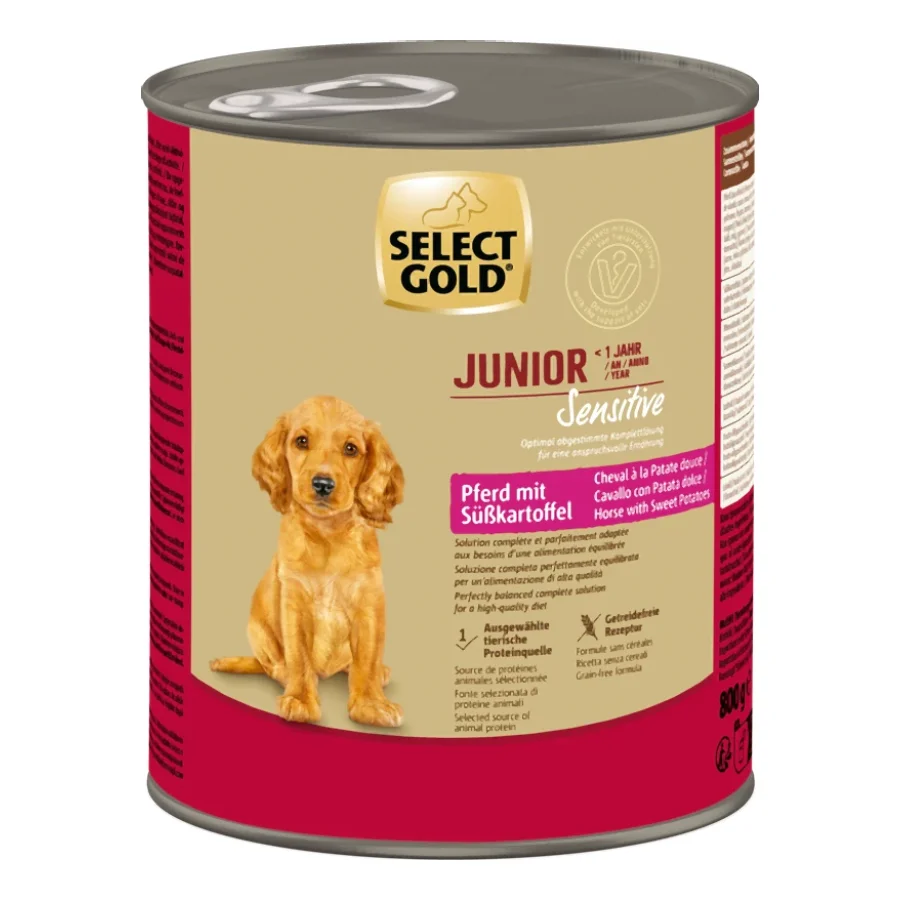 SELECT GOLD Sensitive Boîtes de Nourriture Humide Chiot Cheval à la Patate douce 6x800 g