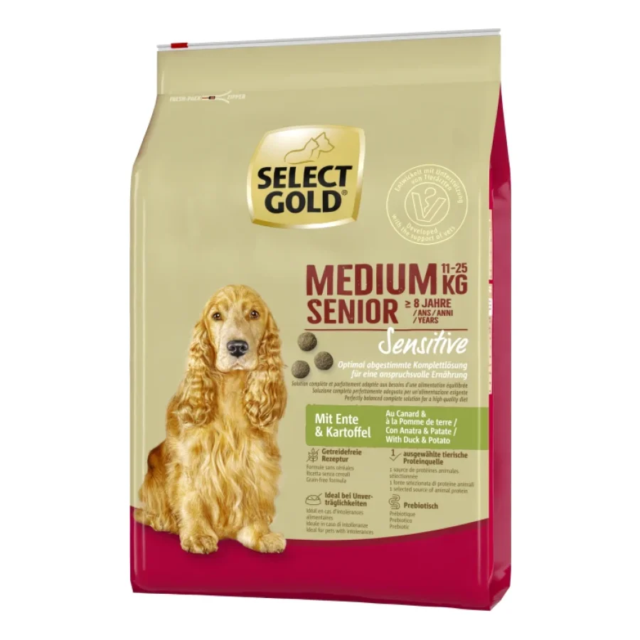SELECT GOLD Sensitive Croquettes Chien Senior Medium Canard aux pommes de terre 4 kg