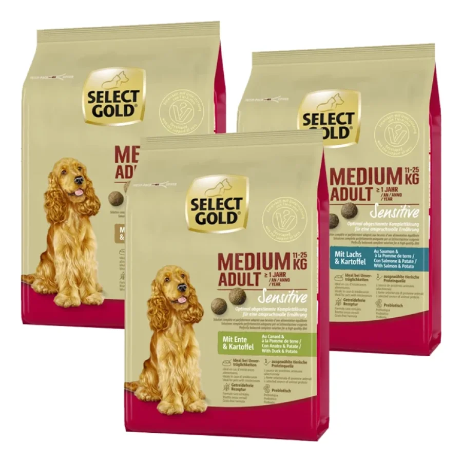 SELECT GOLD Sensitive Pack Mixte Croquettes Chien Adulte Medium 3 x 1 kg Pack d’essai 1, Saumon, agneau, canard