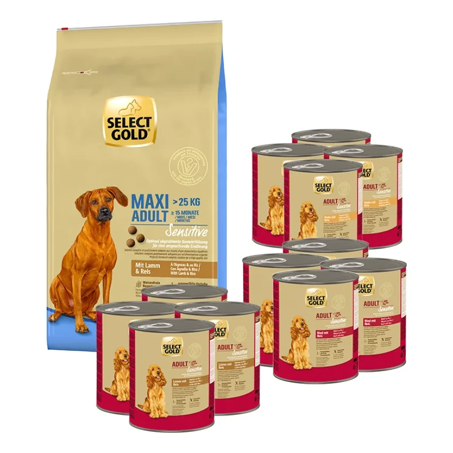 SELECT GOLD Sensitive Pack Mixte Croquettes et Nourriture Humide Chien Adulte Maxi 13 pièces