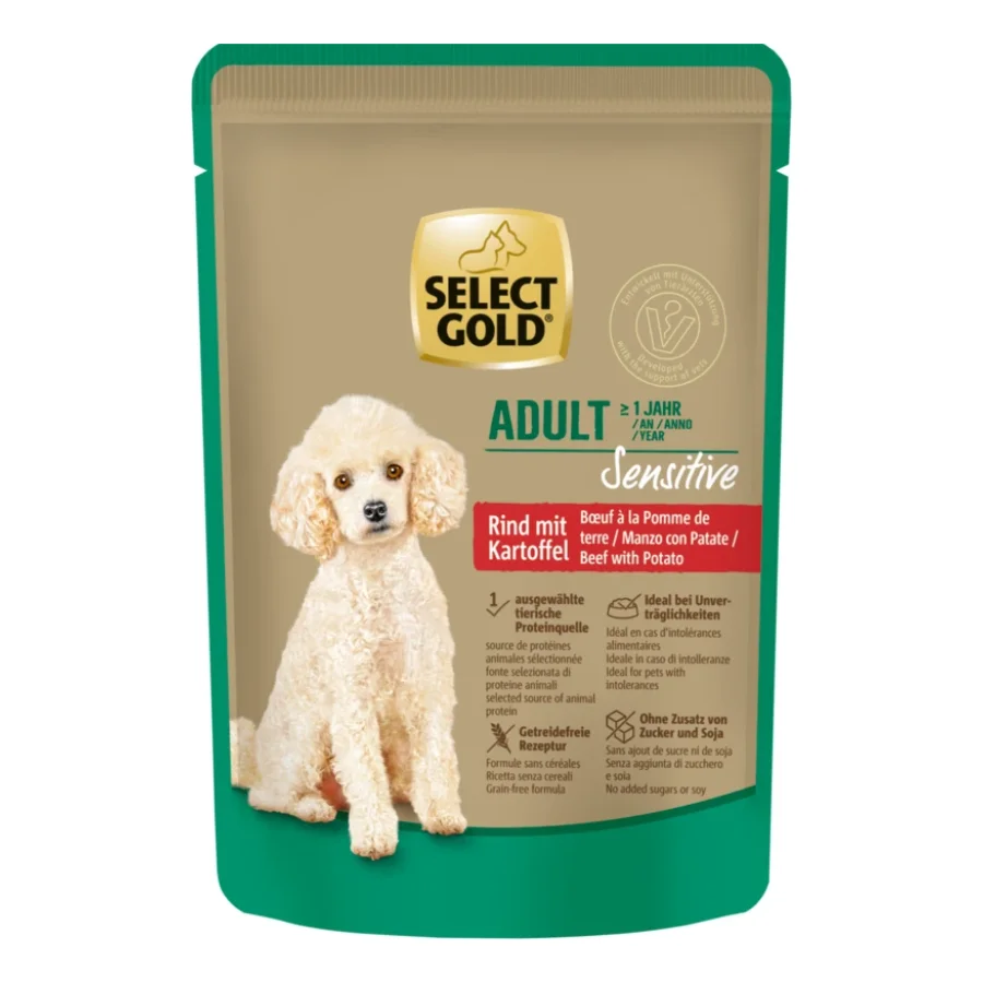SELECT GOLD Sensitive Sachets de Nourriture Humide Chien Adulte Bœuf aux Pommes de terre 24x100 g