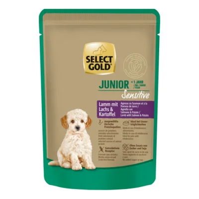 SELECT GOLD Sensitive Sachets de Nourriture Humide Chiot Agneau, Saumon, Pomme de terre 24x100 g